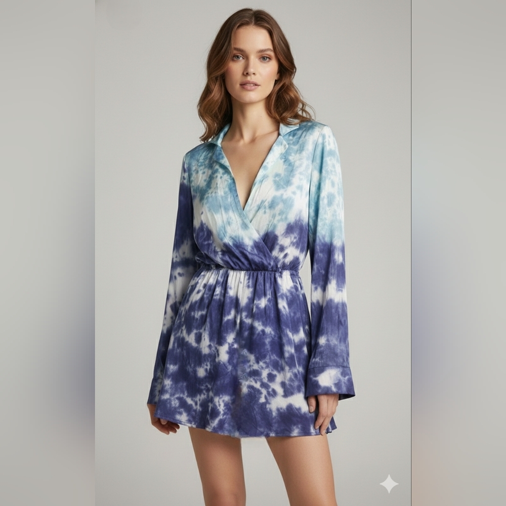 Chaser Silky Wrap Front Mini Dress in Blue Tie-Dye NWT Sz Small